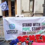 Laudato Si' Animators Sister Kate Midgley and Sister Zoe Leadbetter participate in a vigil outside the Shell annual general meeting in London on May 25, 2022.