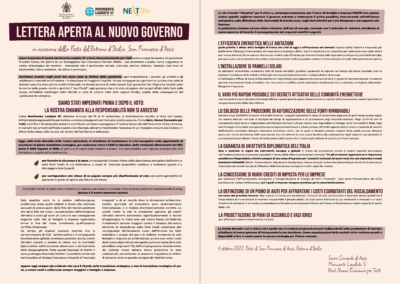 Festa di San Francesco, Patrono d’Italia: Lettera aperta al nuovo Governo con il Sacro Convento di Assisi e Next